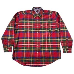 Tommy Hilfiger Vtg 90s Button Down Plaid Shirt Heavyweight Long Sleeve Size L